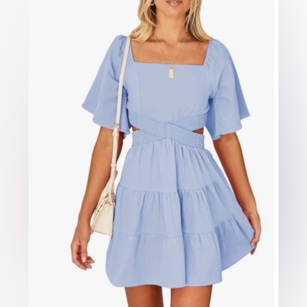NEW Summer Mini Dress Square Neck Crossover Elastic Waist Casual XL